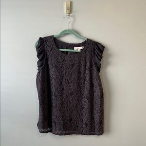 LOFT Elegant Grey Lace Blouse with Ruffle Detail